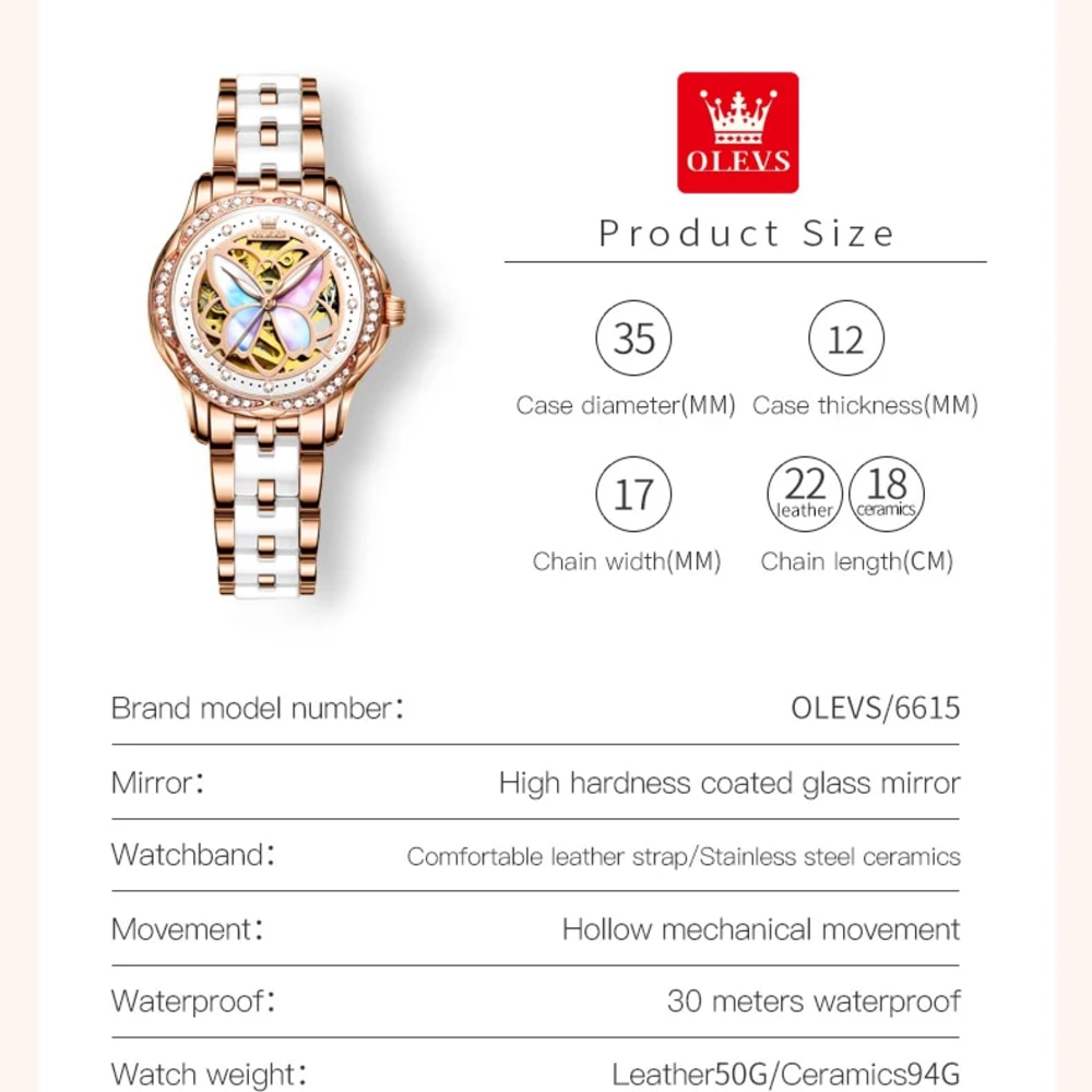 OLEVS  Rose Gold Elegant Butterfly Mechanical Watch for Women